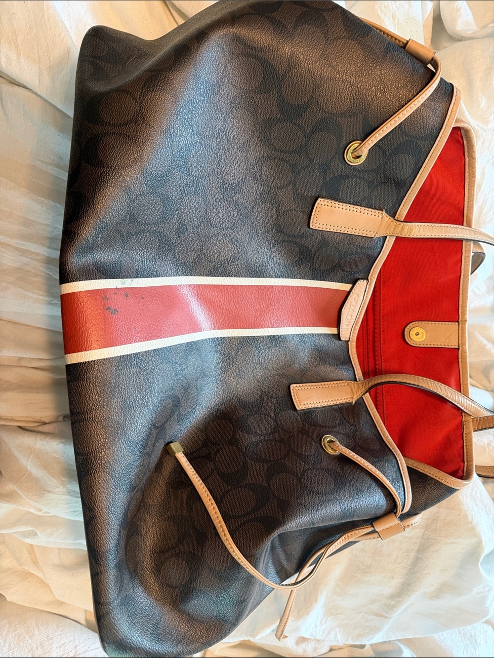 Coach Brown Signature Tote with Red Stripe and Tan Trim